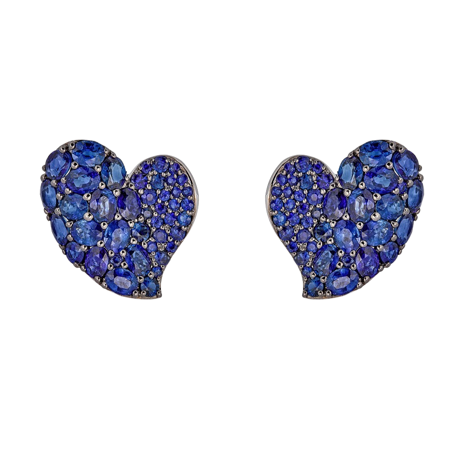 White Gold Wave Heart Medium Earring - Blue Sapphire