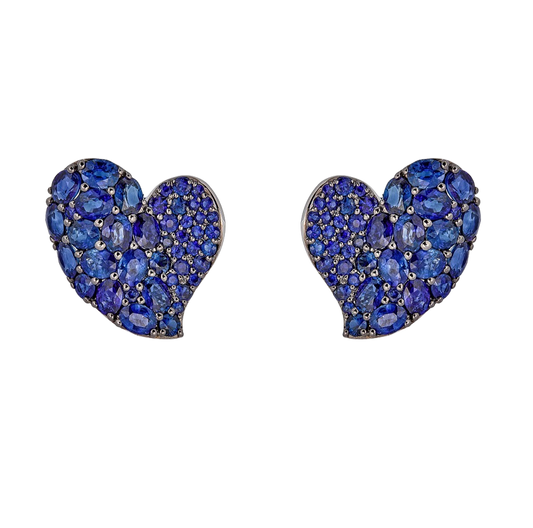 White Gold Wave Heart Medium Earring - Blue Sapphire