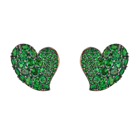 Yellow Gold Wave Heart Medium Earring - Tsavorite