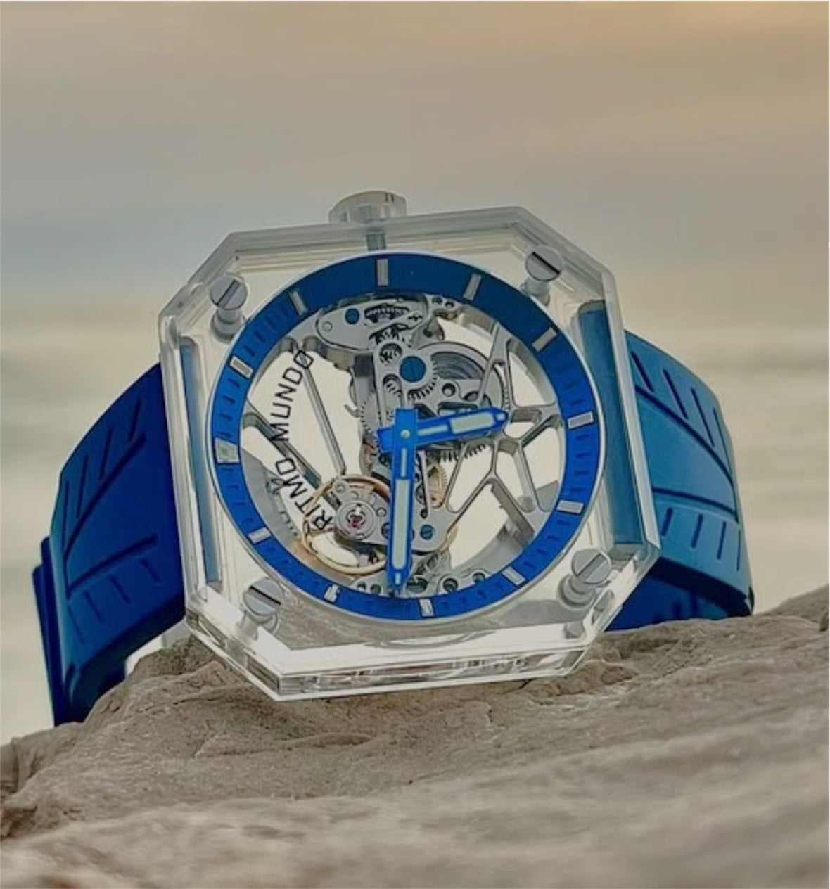A Luxury Blue Ritmo Mundo Sapphire Watch on Rocks