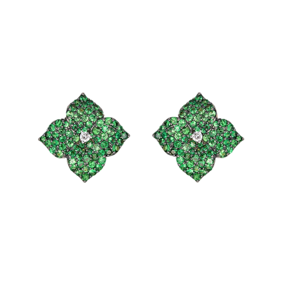 Rose Gold Fiore Small Flower Earrings - Green Tsavorite