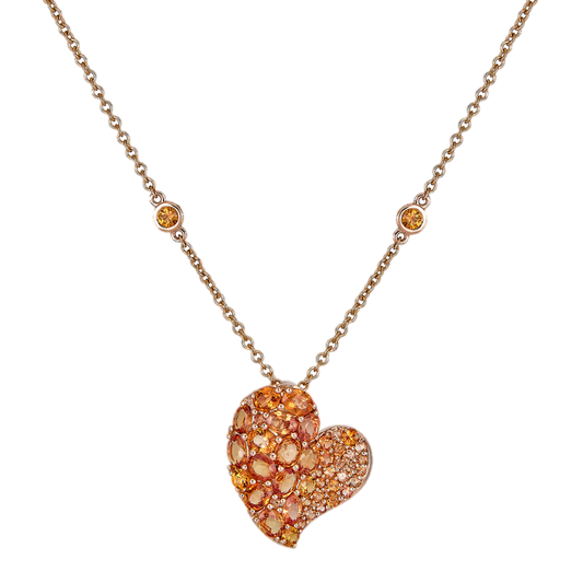 Rose Gold Wave Heart Medium Necklace - Orange Sapphire
