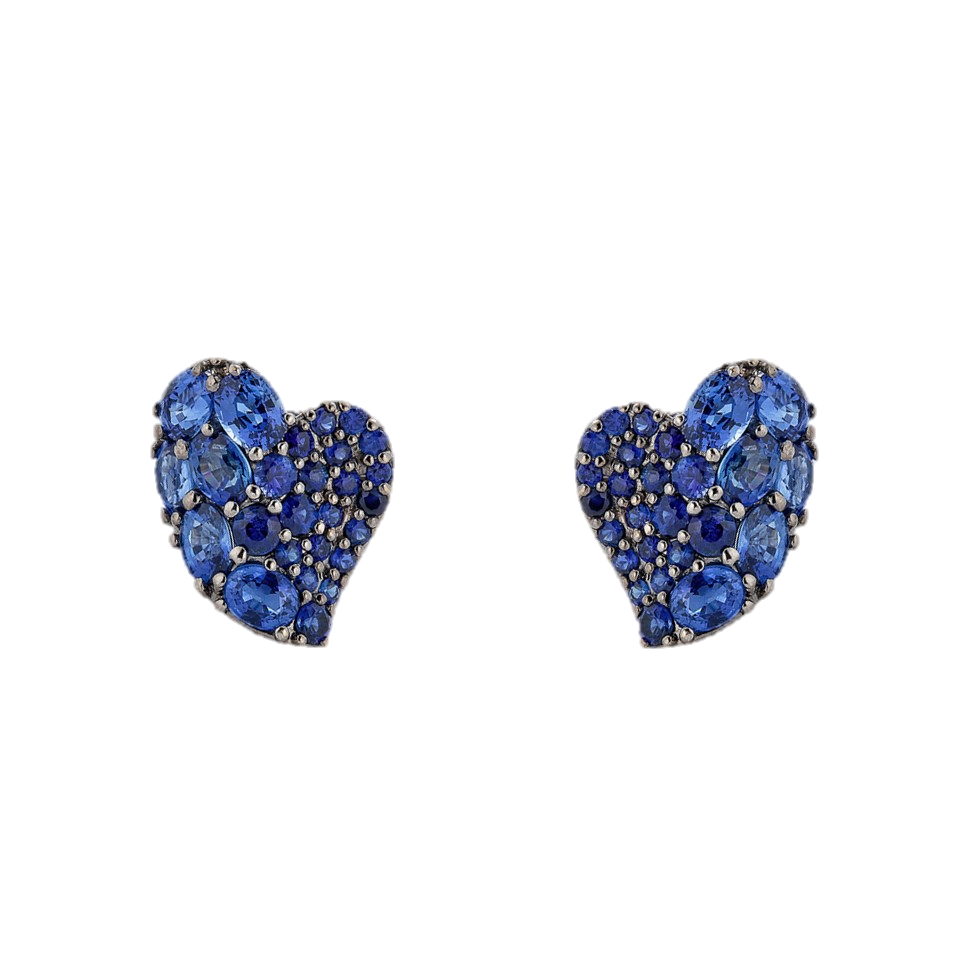 White Gold Wave Heart Small Earring - Blue Sapphire