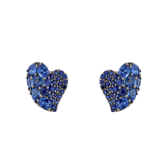 White Gold Wave Heart Small Earring - Blue Sapphire
