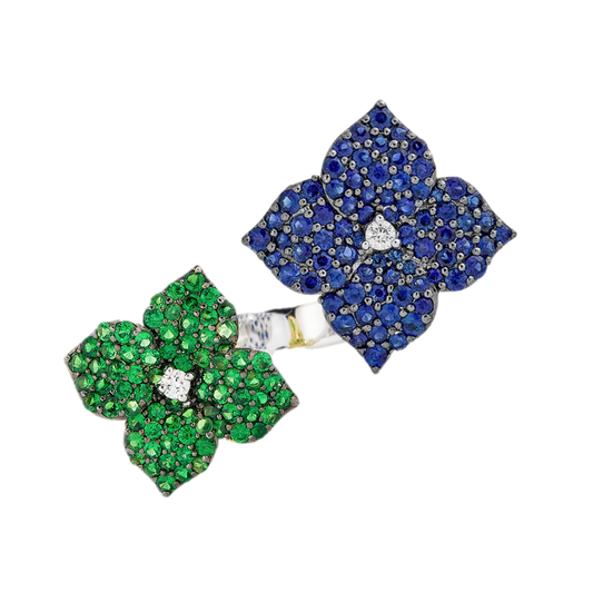 White Gold Fiore Double Flower Ring - Blue Sapphire