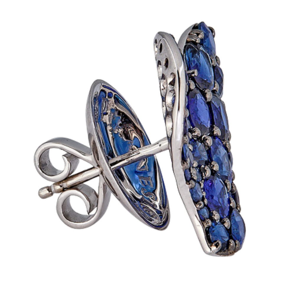 White Gold Wave Heart Medium Earring - Blue Sapphire