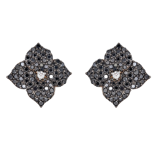 Rose Gold Fiore Large Flower Earrings - Black Diamond