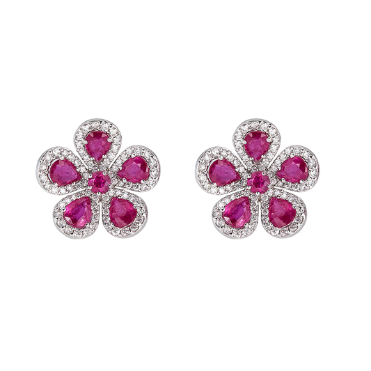 White Gold Classic Flower Earrings - Ruby