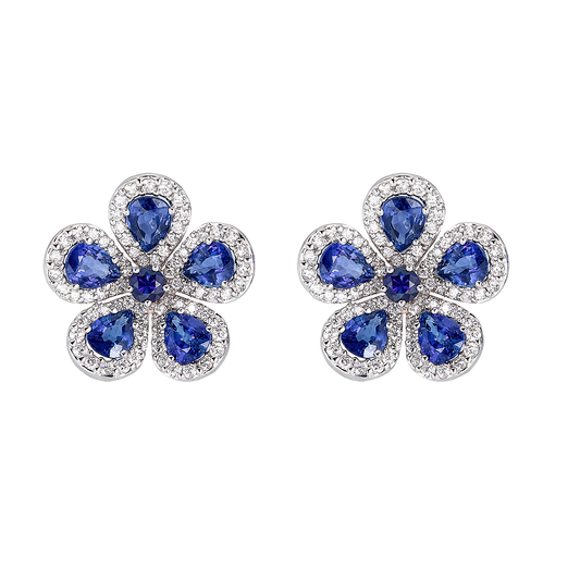 White Gold Classic Flower Earrings - Blue Sapphire