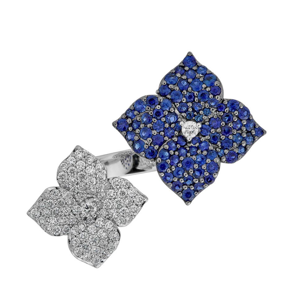 White Gold Fiore Double Flower Ring - Blue Sapphire