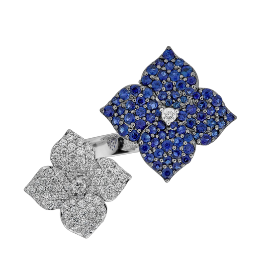 White Gold Fiore Double Flower Ring - Blue Sapphire