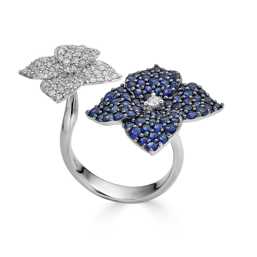 White Gold Fiore Double Flower Ring - Blue Sapphire