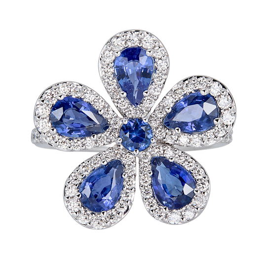 White Gold Classic Flower Ring - Blue Sapphire