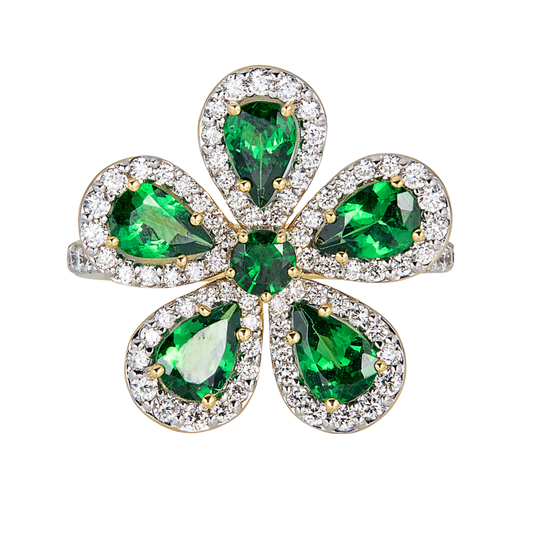 Yellow Gold Classic Flower Ring - Tsavorite