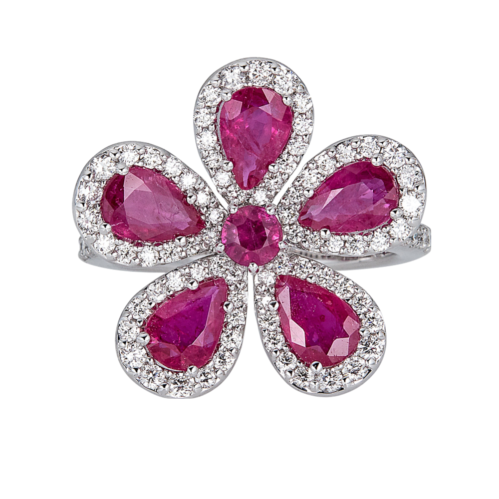 White Gold Classic Flower Ring - Ruby
