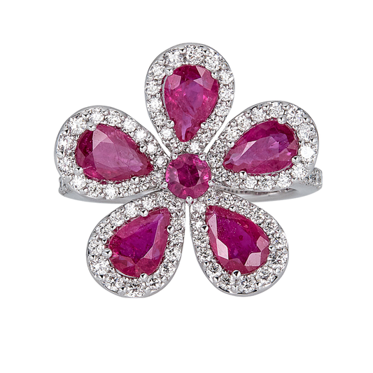 White Gold Classic Flower Ring - Ruby