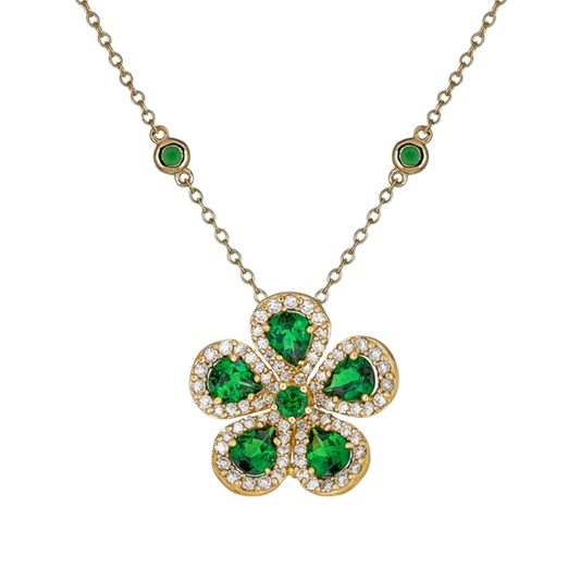 Yellow Gold Classic Flower Large Necklace - Tsavorite
