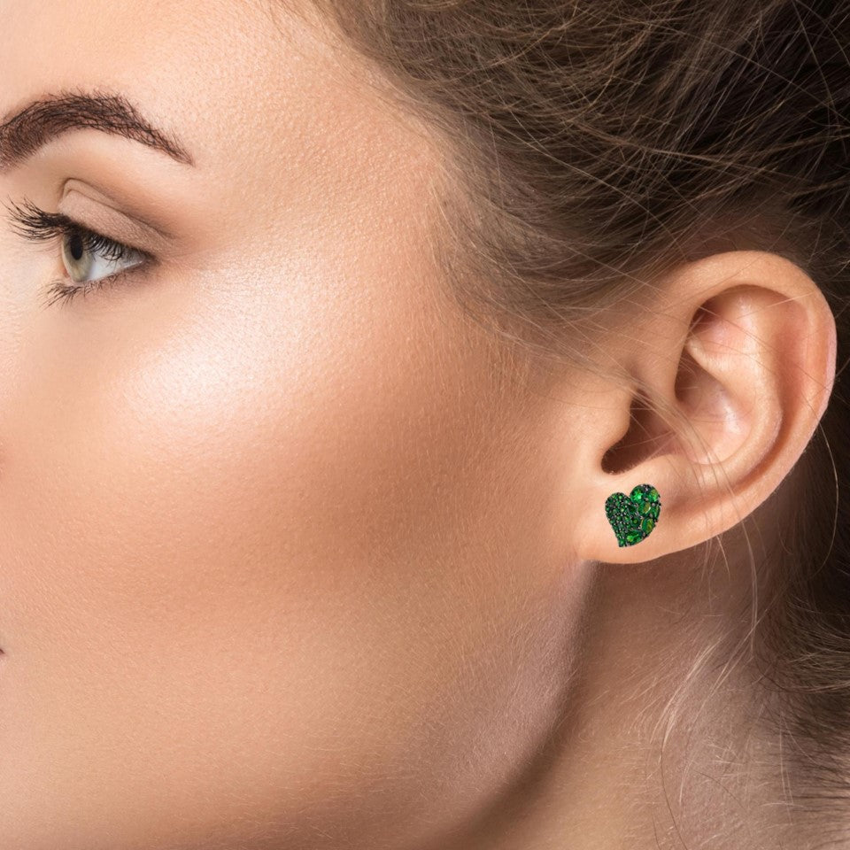 Yellow Gold Wave Heart Small Earring - Tsavorite