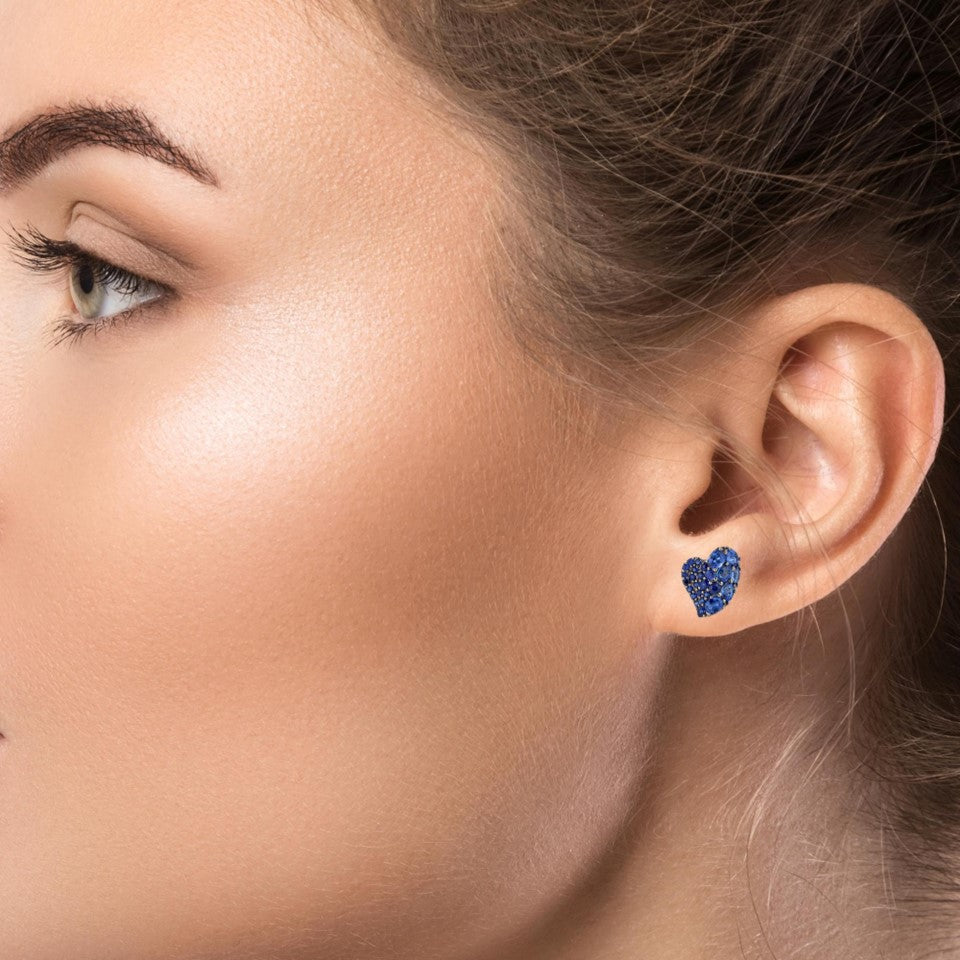 White Gold Wave Heart Small Earring - Blue Sapphire