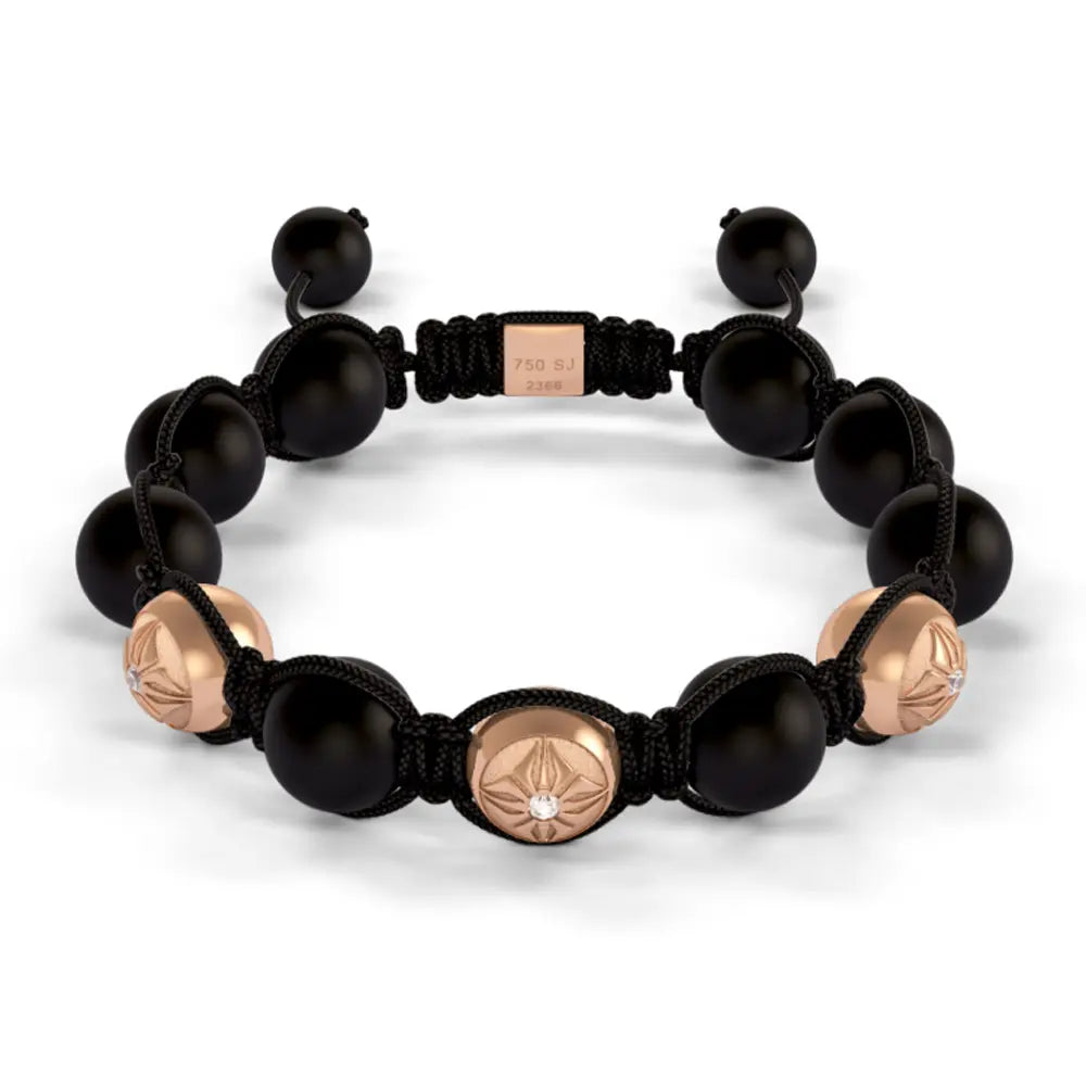 Tiple Gold SOS & Onyx 10mm Bead Braided Bracelet