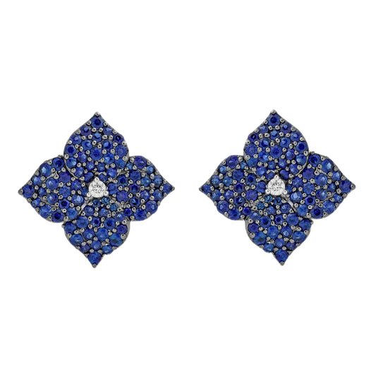 Rose Gold Fiore Large Flower Earrings - Blue Sapphire
