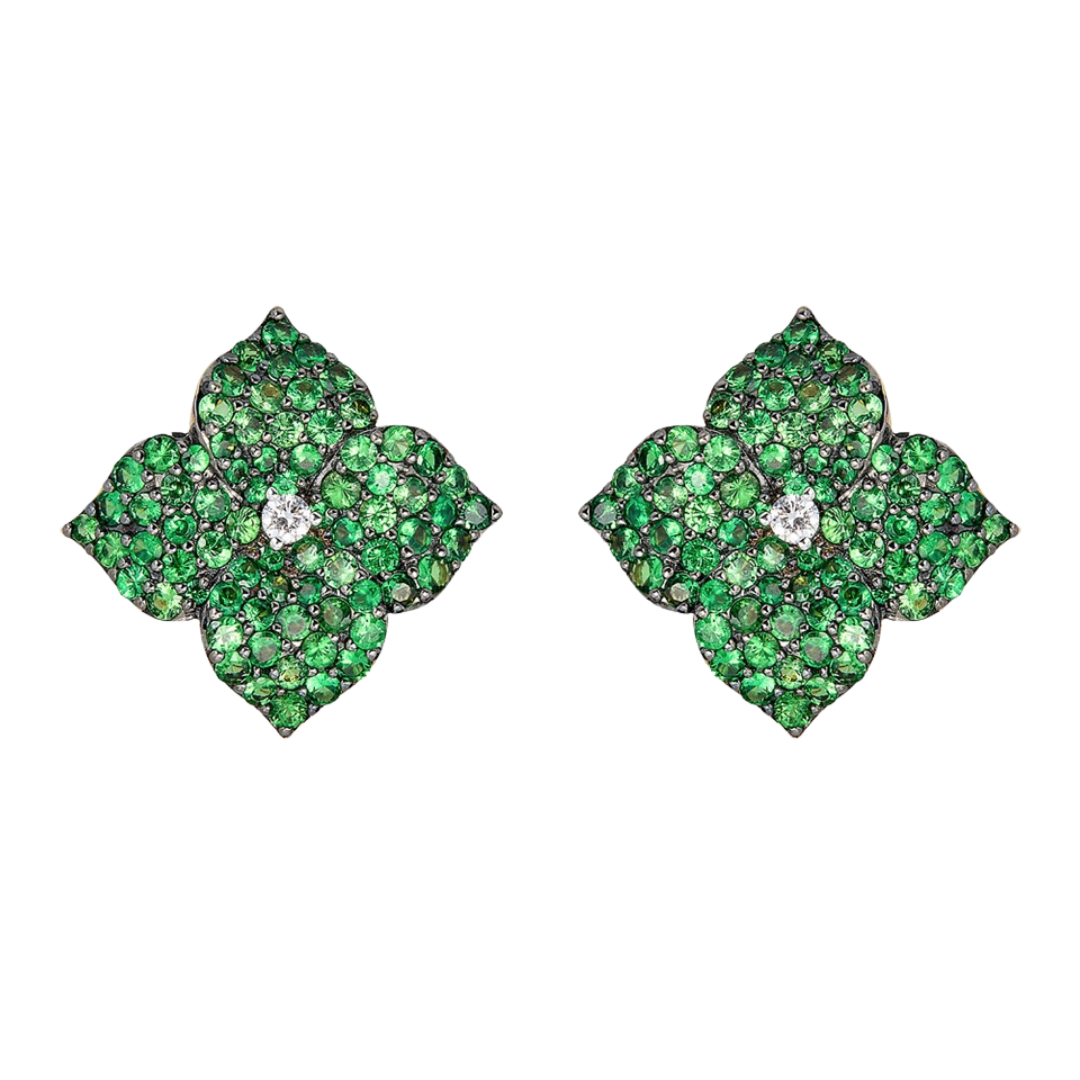 Black Gold Fiore Large Flower Earrings - Tsavorite