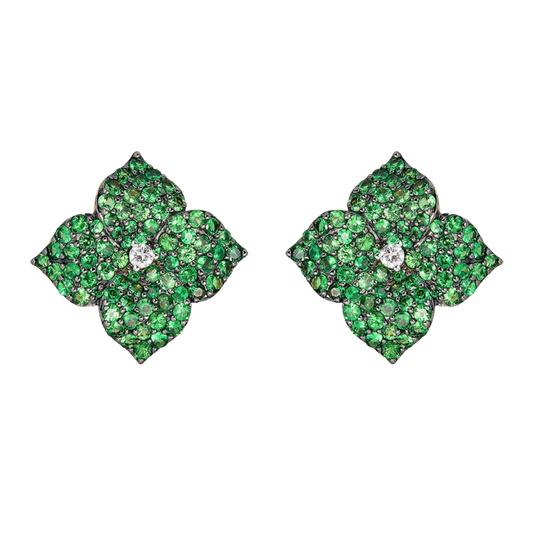 Black Gold Fiore Large Flower Earrings - Tsavorite