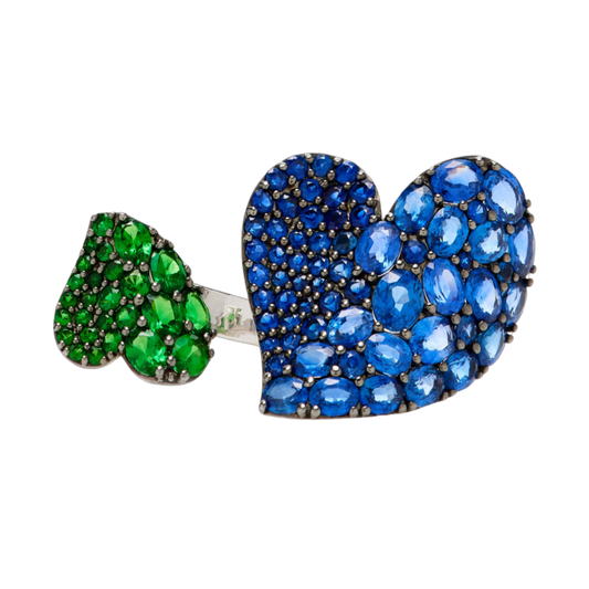 White Gold Wave Heart Double Ring - Blue Sapphire