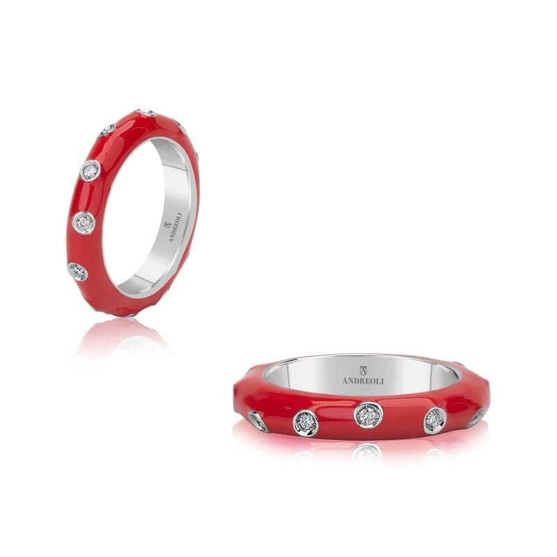 White Gold Stackable Enamel Ring In Red by Andreoli Image 1