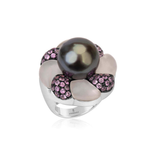 White Gold Tahitian Pearl And Pink Sapphire Ring by Andreoli Image 1
